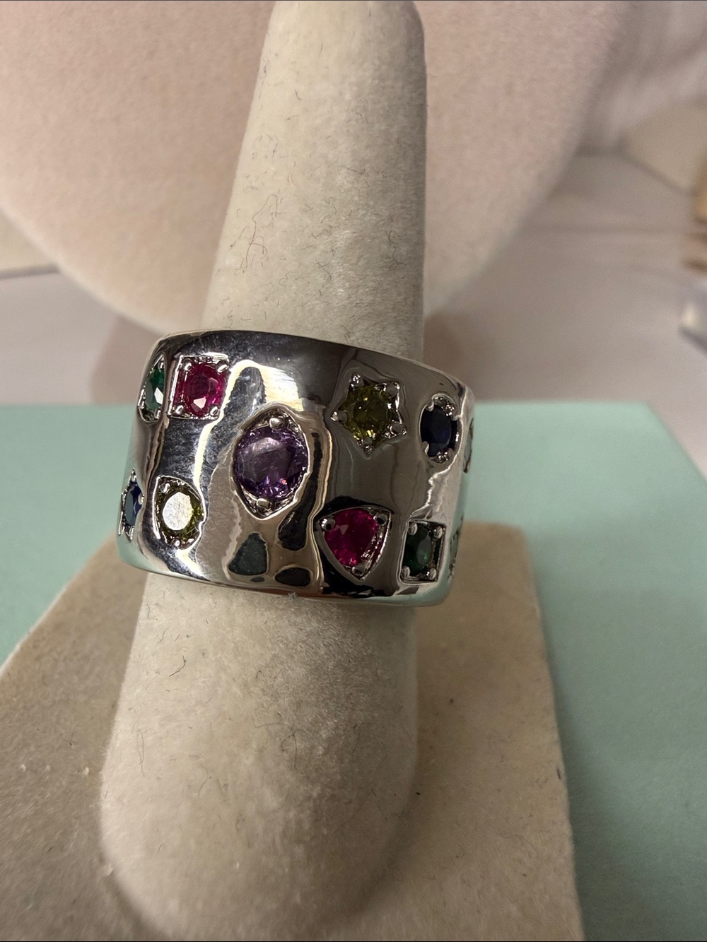 Multi-Gemstone Wide Silver Ring - Pink, Purple, Green, Blue Accents